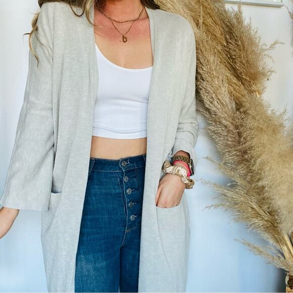 DONNI. ANTHROPOLOGIE Silvery Grey Oversized Long Open Cardi Cardigan Sweater M - Picture 7 of 8